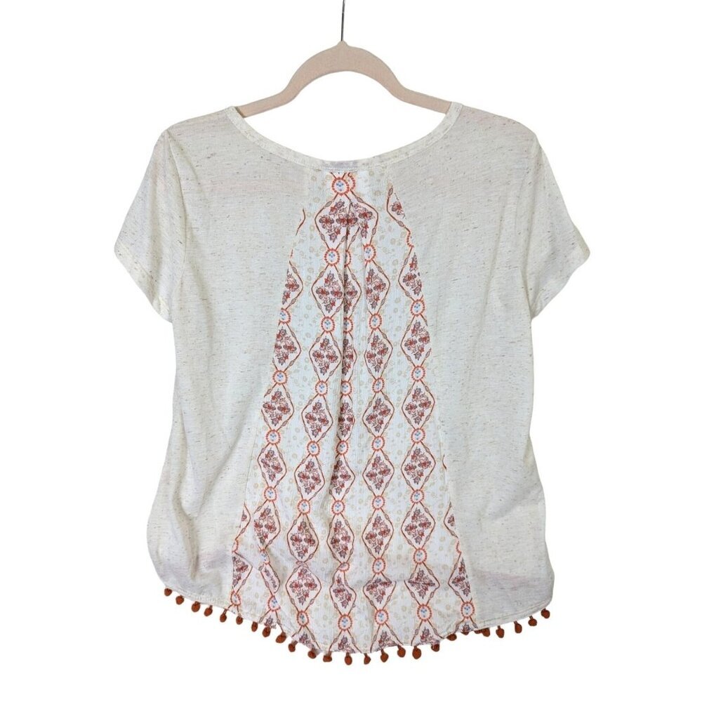 Hem & Thread Women size S Casual Bohemian Back Print Tunic Pom Pom Top Blouse